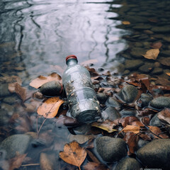 Transparent plastic cylindrical bottle floating in the middle of a river with stones, leaves, plants, water on a gray day.