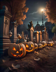 Pumpkins in a graveyard on a spooky night. Halloween night. Generative AI 