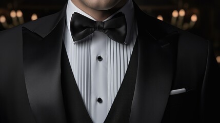 Closeup shot of Tuxedo bow tie, Finely tailored tuxedo for men Gala night high class dinner attire
