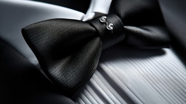 Closeup shot of Tuxedo bow tie, Finely tailored tuxedo for men Gala night high class dinner attire