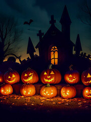 Fototapeta na wymiar Pumpkins in a graveyard on a spooky night. Halloween night. Generative AI 