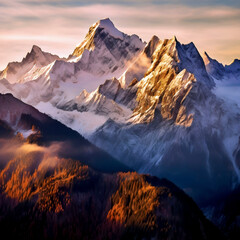 A breathtaking photograph captures a majestic mountain range at sunrise. The snow-capped mountains stand as sentinels.