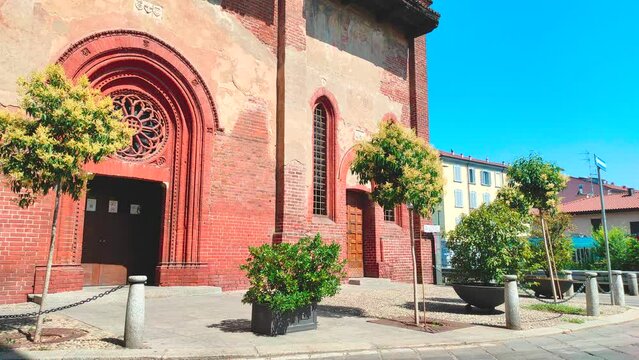 View of San Cristoforo church in Navigli Canals (Naviglio Pavese), Milan, Italy.