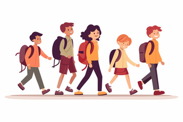 Children with school backpacks go to school. A group of cheerful schoolchildren. vector illustration.