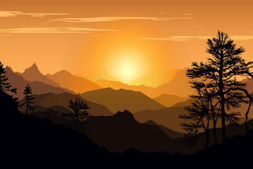Gorgeous vector landscape of mountains and forests at sunrise. Beautiful sunrise over the mountains. Yellow rays of the sun. The concept of travel, hiking, camping.