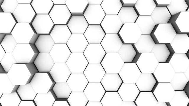 White background with moving hexagonal cylinders. Abstract 3D animation. Geometric figures.