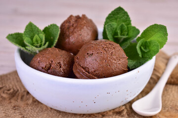 Homemade chocolate ice cream with mint in a bowl. Close-up.
