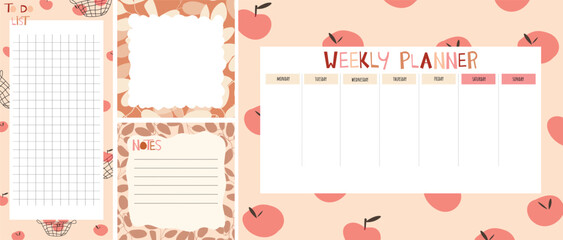 Collection of weekly or daily planner, note paper, to do list, sticker templates decorated with bright illustrations with apples, basket and plants. School planner and organizer. flat vector