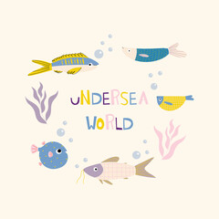 Isolated Illustration of the Underwater World. Fish and Algae Collection with Hand Lettering in Vector