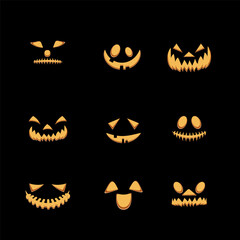 black background scary pumpkin face icon set, vector logo icon