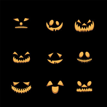 black background scary pumpkin face icon set, vector logo icon