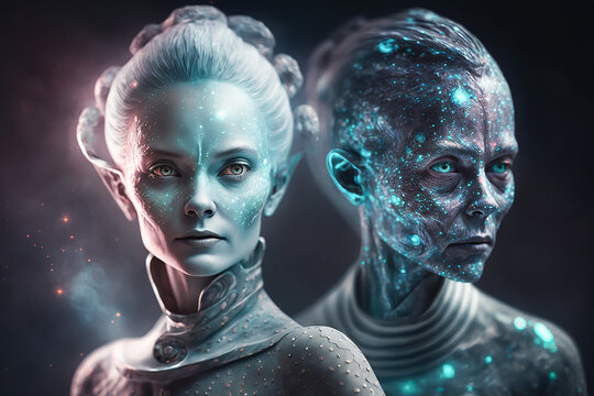 Starseed people as human aliens from other galaxies, fictitious person. AI generated image