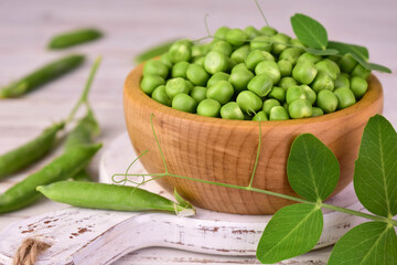 Young green peas in a wooden bowl.Close-up.	