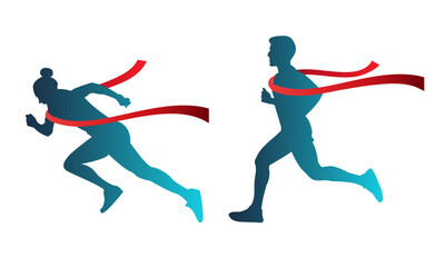 Fototapeta na wymiar Set of silhouettes of a man and a woman running at the finish line with a red ribbon. 