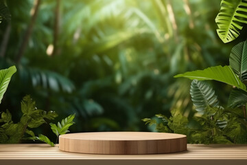 Wooden product display podium for cosmetic product with green nature garden background, 3d rendering