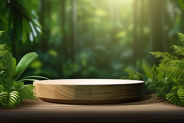 Wooden product display podium for cosmetic product with green nature garden background, 3d rendering