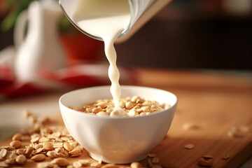 pouring milk in to a bowl with healthy cereals