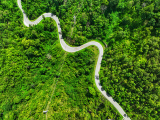 Road in the middle of the forest , road curve construction up to mountain, Rainforest ecosystem and healthy environment concept