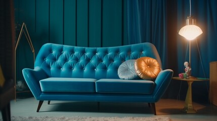 Blue sofa and decorative objects in Midcentury style, Generative AI.