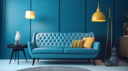 Blue sofa and decorative objects in Midcentury style, Generative AI.