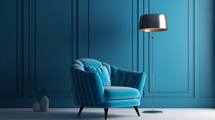 Blue velvet modern armchair with a floor lamp, Generative AI.