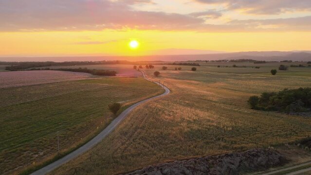 une piste dans le secteur du plateau de Valensole au coucher du soleil - drone