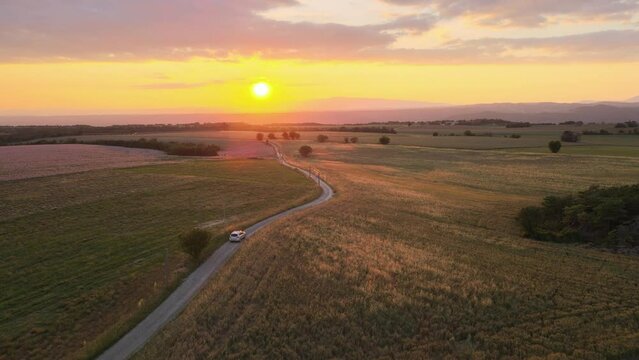 voiture sur une piste de campagne - plateau de Valensole Provence France
