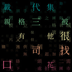 Digital background. Random Characters of Chinese Traditional Alphabet. Gradiented matrix pattern. Teal pink color theme backgrounds. Tileable horizontally. Powerful vector illustration.