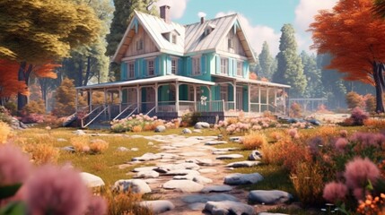Charming country house in the woods, Generative AI.