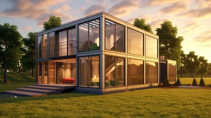 Container house and office with a green lawn, Generative AI.