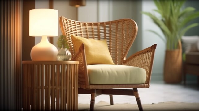 Chair, rattan box, and a stylish lamp, Generative AI.