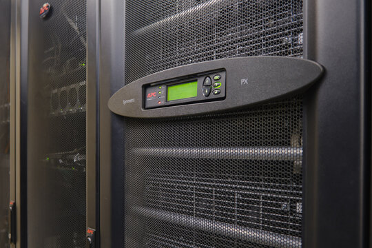 The electronic equipment APC in the server room is in danger due to the critical error signal from the UPS module control panel - Moscow, Russia, 17, 09, 2022