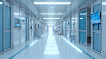 Empty corridor in a modern hospital with an information counter and hospital beds, Generative AI.