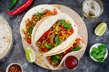 Mexican Tacos with Beef and Vegetables, Tacos al Pastor on Dark Background