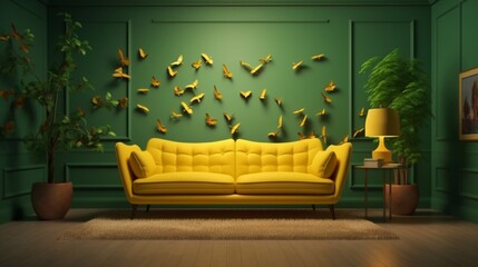 Green room interior with a vibrant yellow sofa, Generative AI.