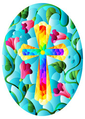 Stained glass illustration with a  yellow Christian cross in the sky and pink flowers, oval image