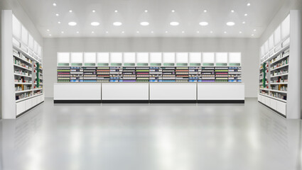 Pharmacy store interior Shelfs, mockup and illustration is suitable for presenting new supplements box designs packagings, among many others.