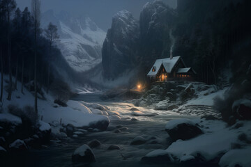 Beautiful cottage by the river in a mountain gorge in the moonlight in winter