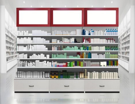 Face cream on shelf at pharmacy store interior, mockup and illustration is suitable for presenting new supplements box designs packagings, among many others.