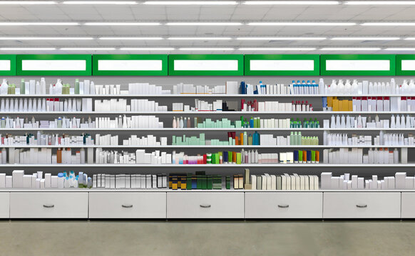 Drugs and pills on shelf in pharmacy store, mockup and illustration is suitable for presenting new supplements box designs packagings, among many others.