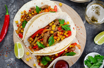 Mexican Tacos with Beef and Vegetables, Tacos al Pastor on Dark Background