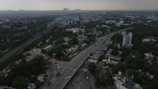 Aerial view of the big highway in New Delhi. Flight to the city through the Indian capital. 4k footage.