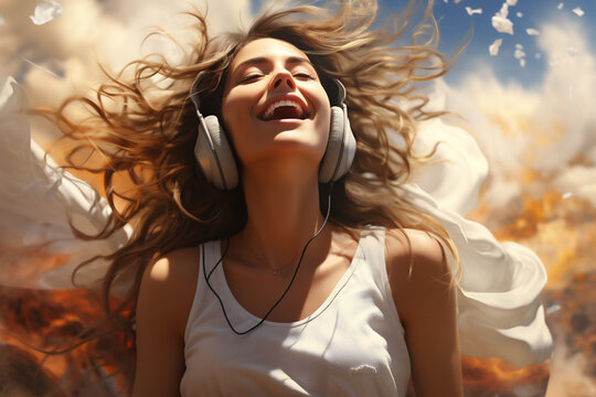 Cheerful yoga young beautiful girl in white dress with headphones smiling and jumping while listening to music against light heaven background, photorealistic fantasies, AI Generative