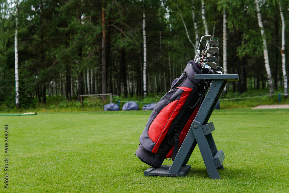 Wall mural golf bag with bunch of golf clubs in the golf course.