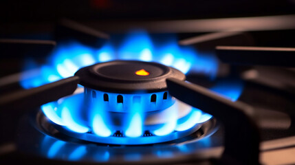 Close-up natural gas flame. Gas flame on dark background. Blue flames from gas stove burner