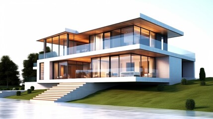 Fototapeta na wymiar Luxury modern house isolated on a white background, Generative AI.