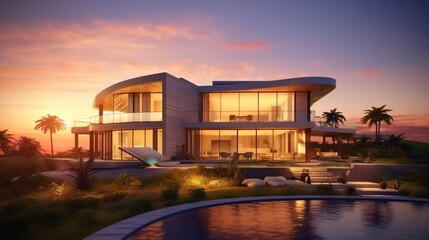 Luxury modern house of a beautiful sunset, Generative AI.
