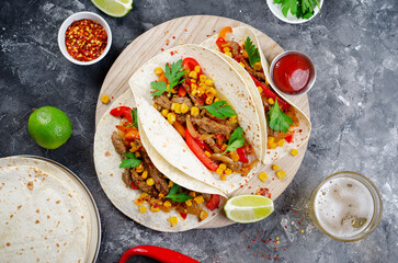 Mexican Tacos with Beef and Vegetables, Tacos al Pastor on Dark Background