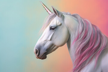 Side view of white unicorn on pasrtel colored background