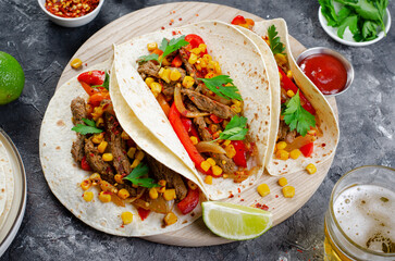 Mexican Tacos with Beef and Vegetables, Tacos al Pastor on Dark Background